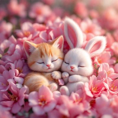 The primary subject of the image is a pair of cats, one orange and one white, lying down together in a field of pink flowers. The setting is a beautiful, colorful garden with a variety of pink flowers surrounding the cats. The visual style of the image is a digital art or illustration, creating a whimsical and charming scene. The dominant colors in the image are pink and white, giving the scene a warm and inviting atmosphere.